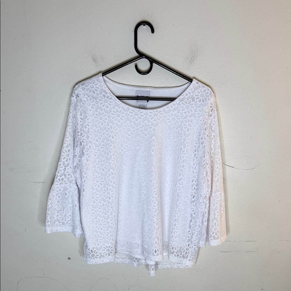 BonWorth White Lace Scoop Neck Bell Sleeve Blouse Size Medium Petite